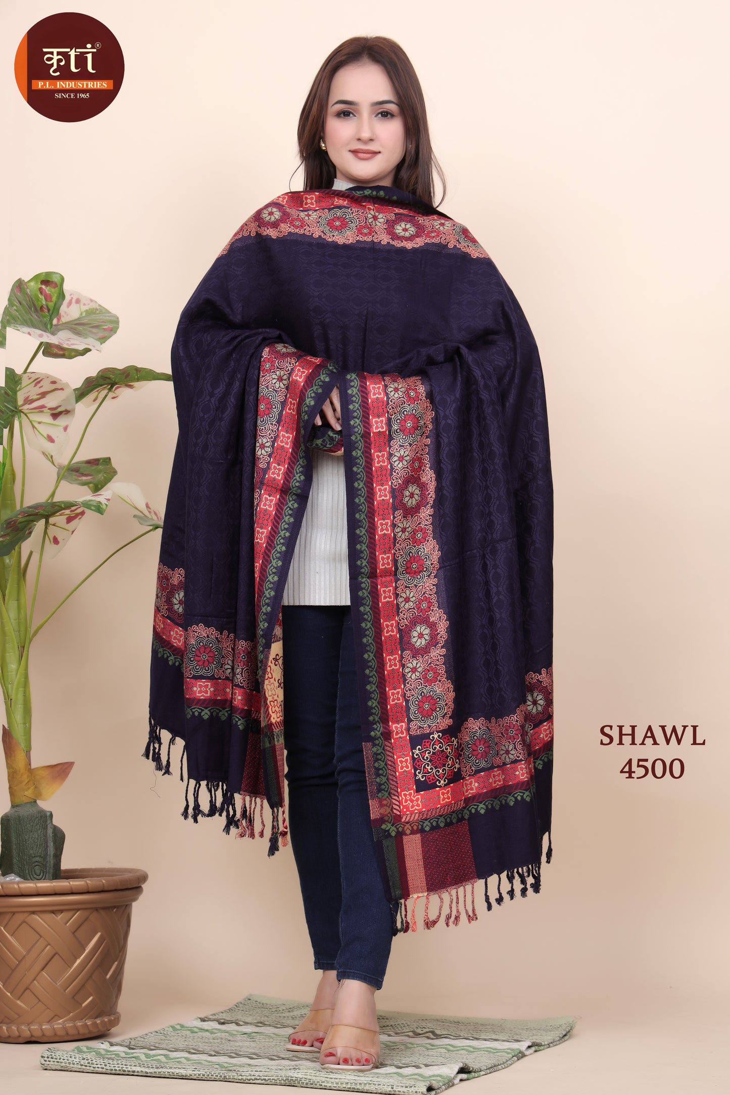 KRITI Traditional Border Woollen Navy Color Shawl  For Women