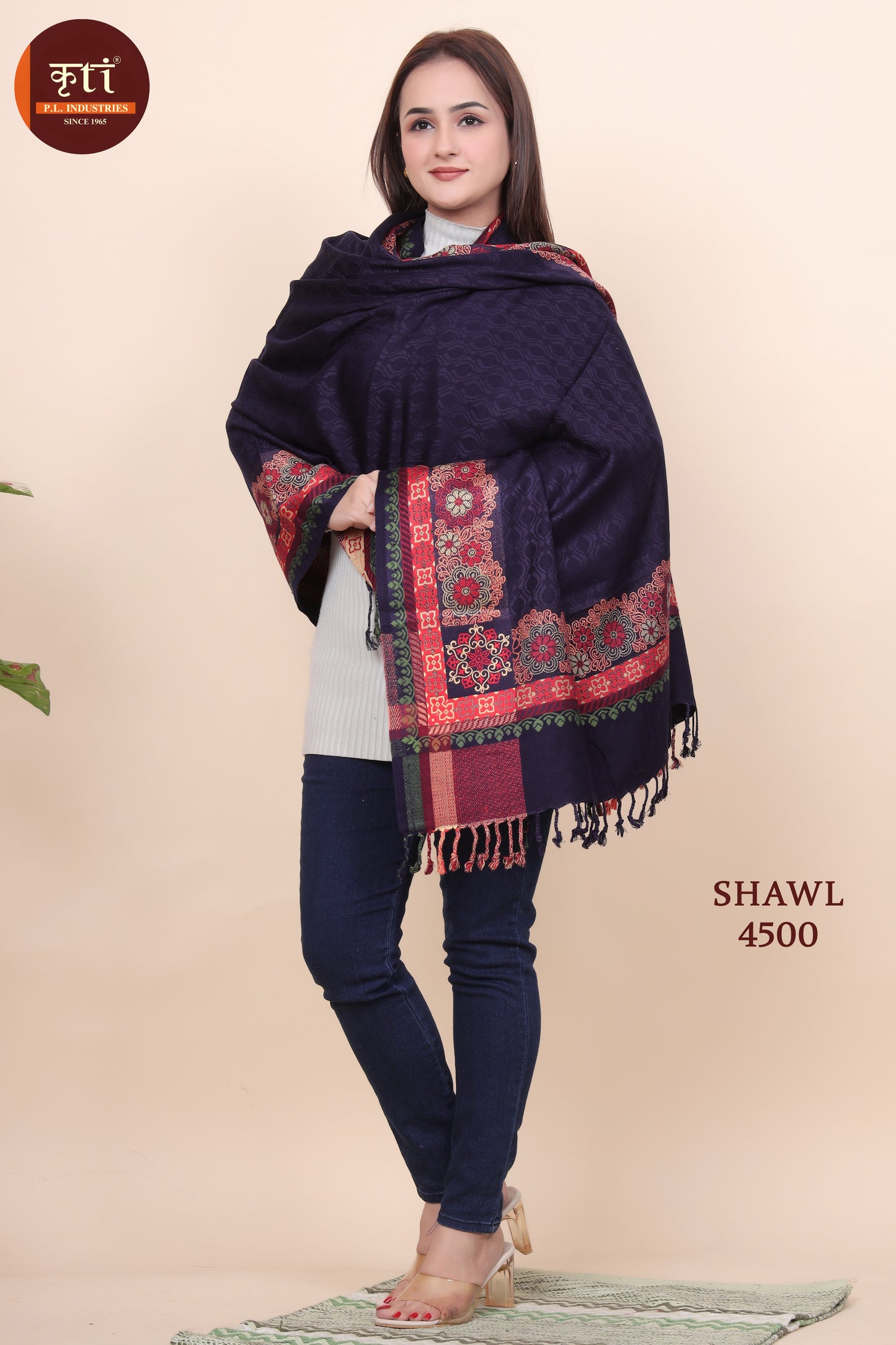 KRITI Traditional Border Woollen Navy Color Shawl  For Women