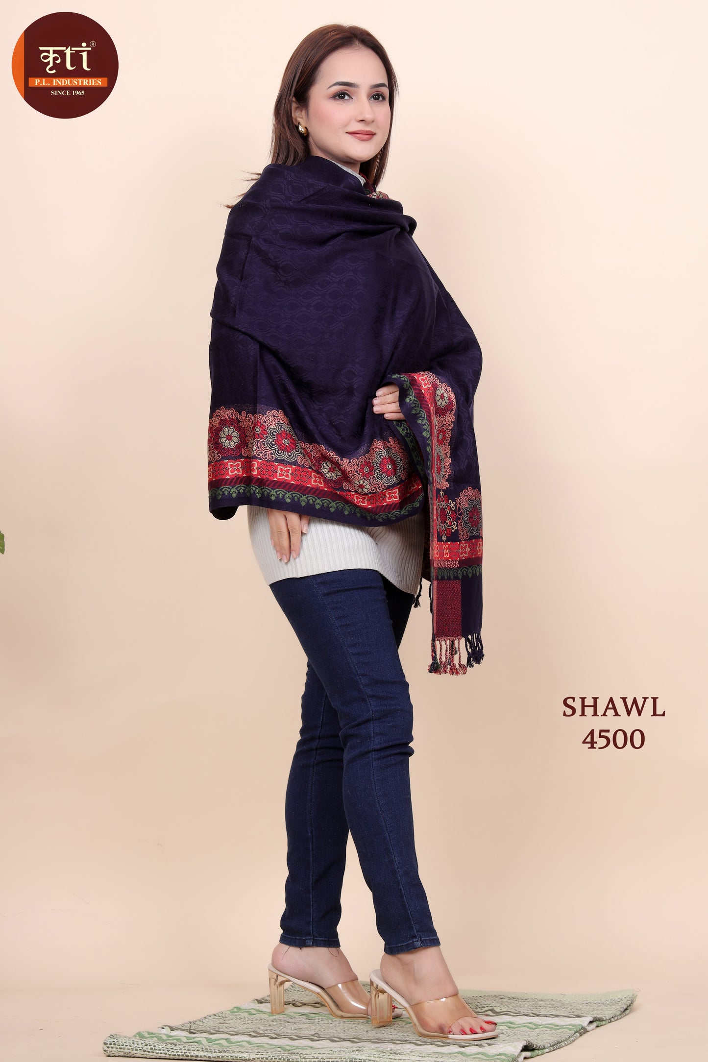 KRITI Traditional Border Woollen Navy Color Shawl  For Women