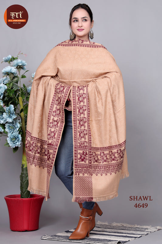 KRITI Traditional Border Woollen Beige Color Shawl For Women