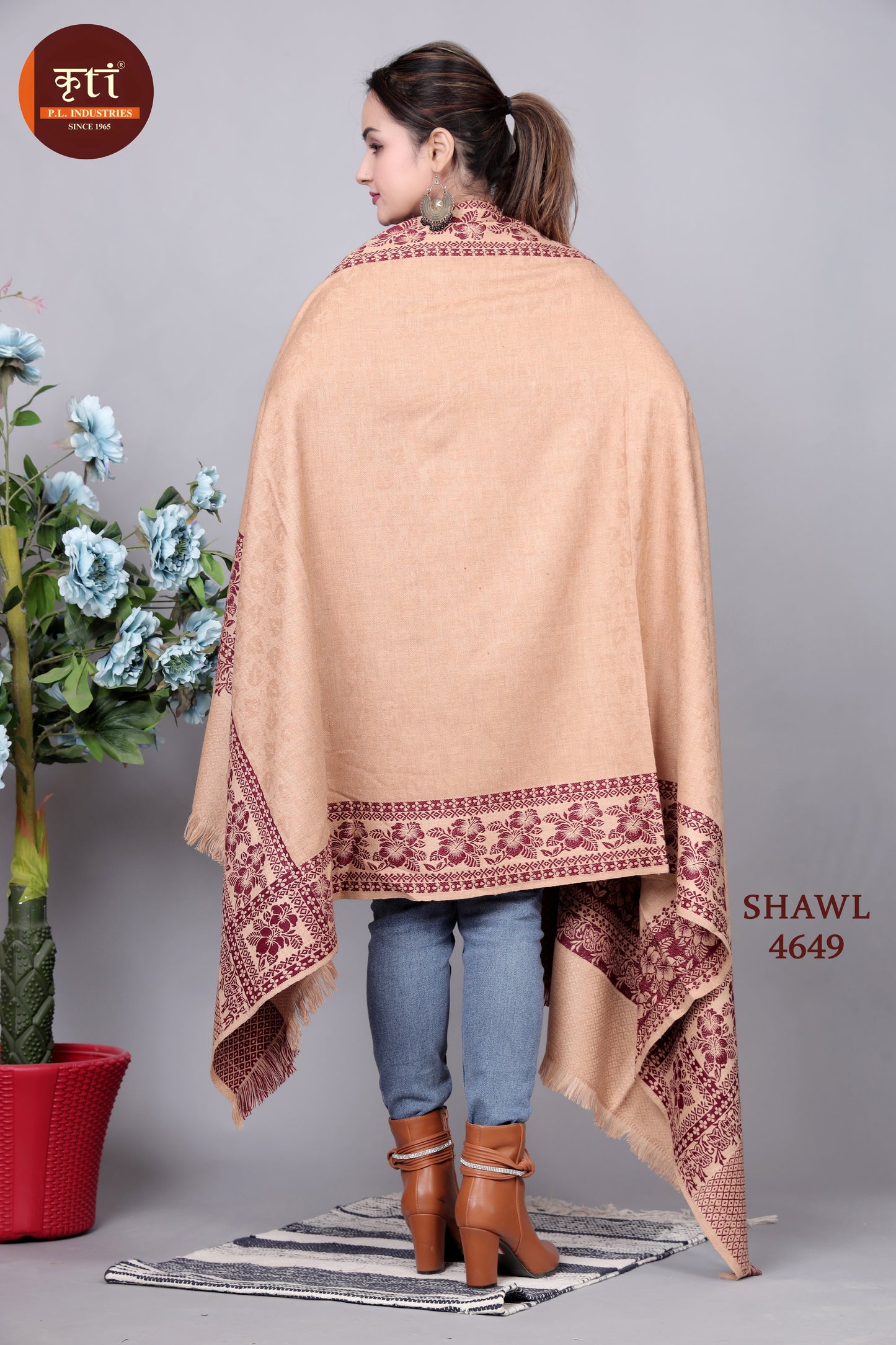 KRITI Traditional Border Woollen Beige Color Shawl For Women