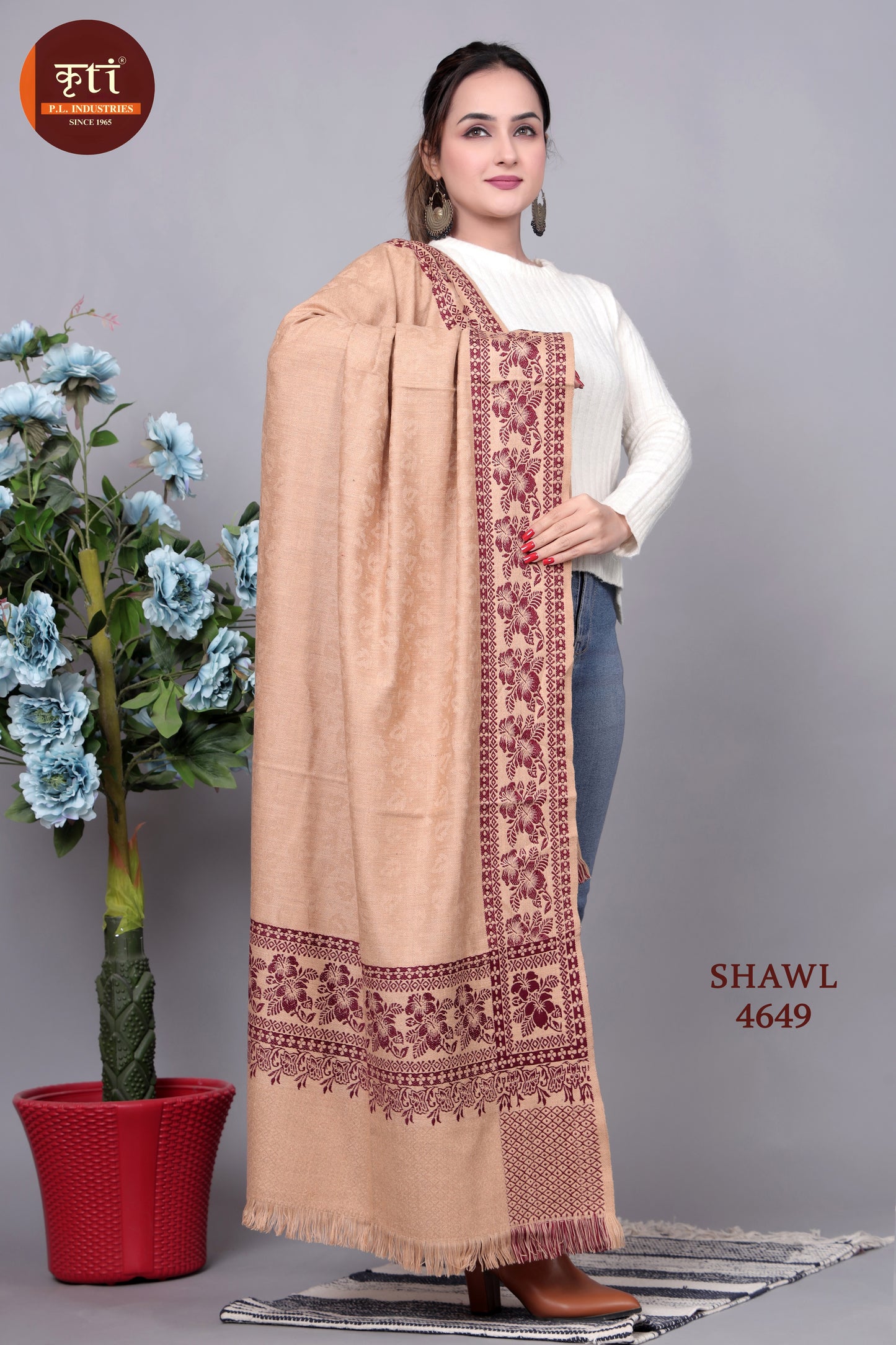 KRITI Traditional Border Woollen Beige Color Shawl For Women
