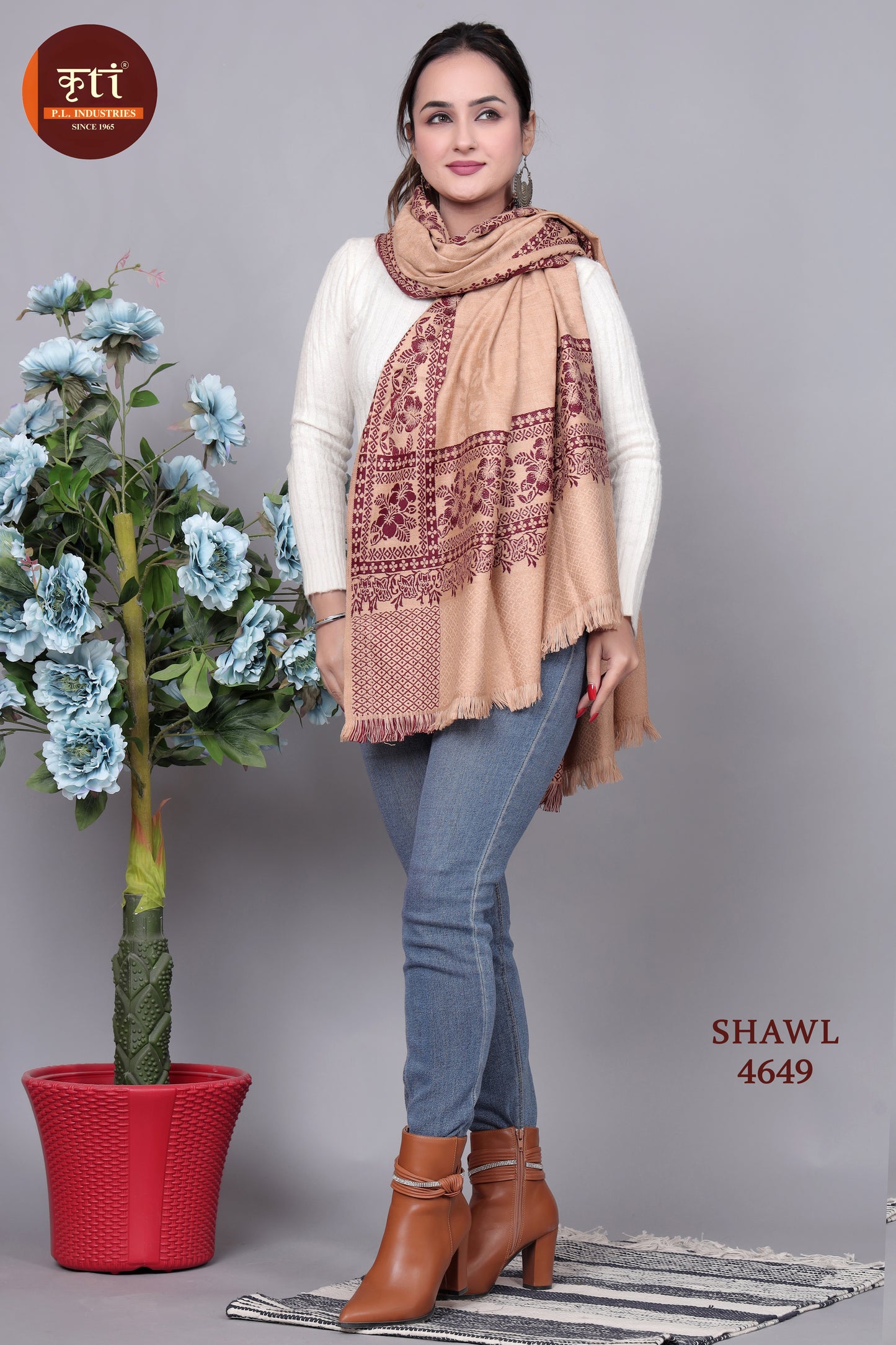 KRITI Traditional Border Woollen Beige Color Shawl For Women