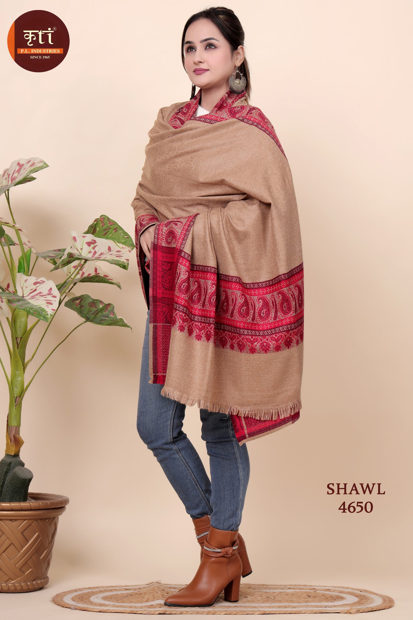 KRITI Border Design Woollen Camel Color Shawl for Women