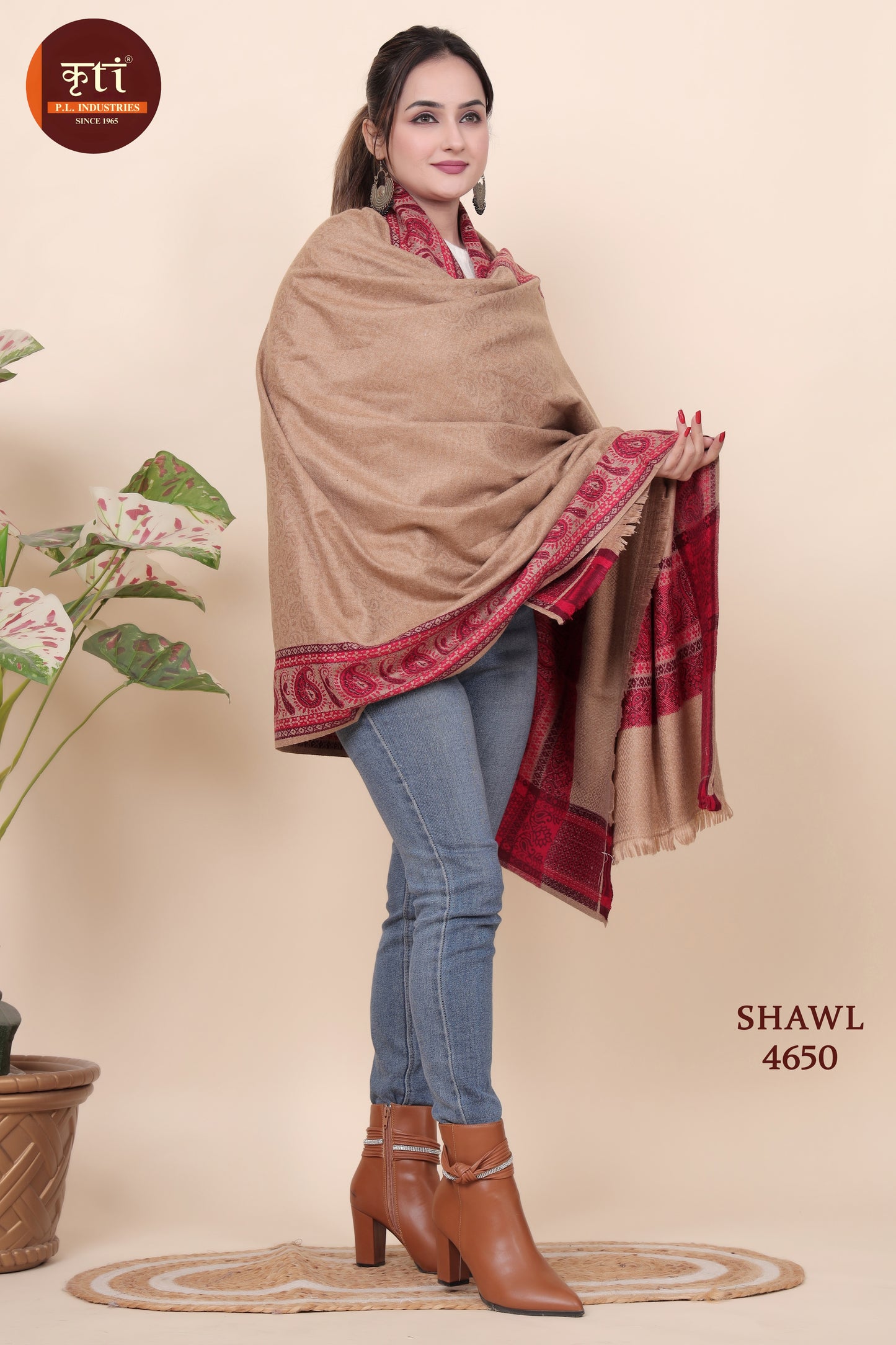 KRITI Border Design Woollen Camel Color Shawl for Women