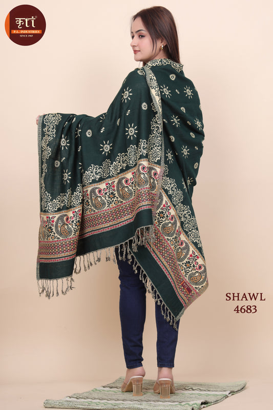 KRITI Floral Pattern Woollen Dark Green Color Shawl For Women