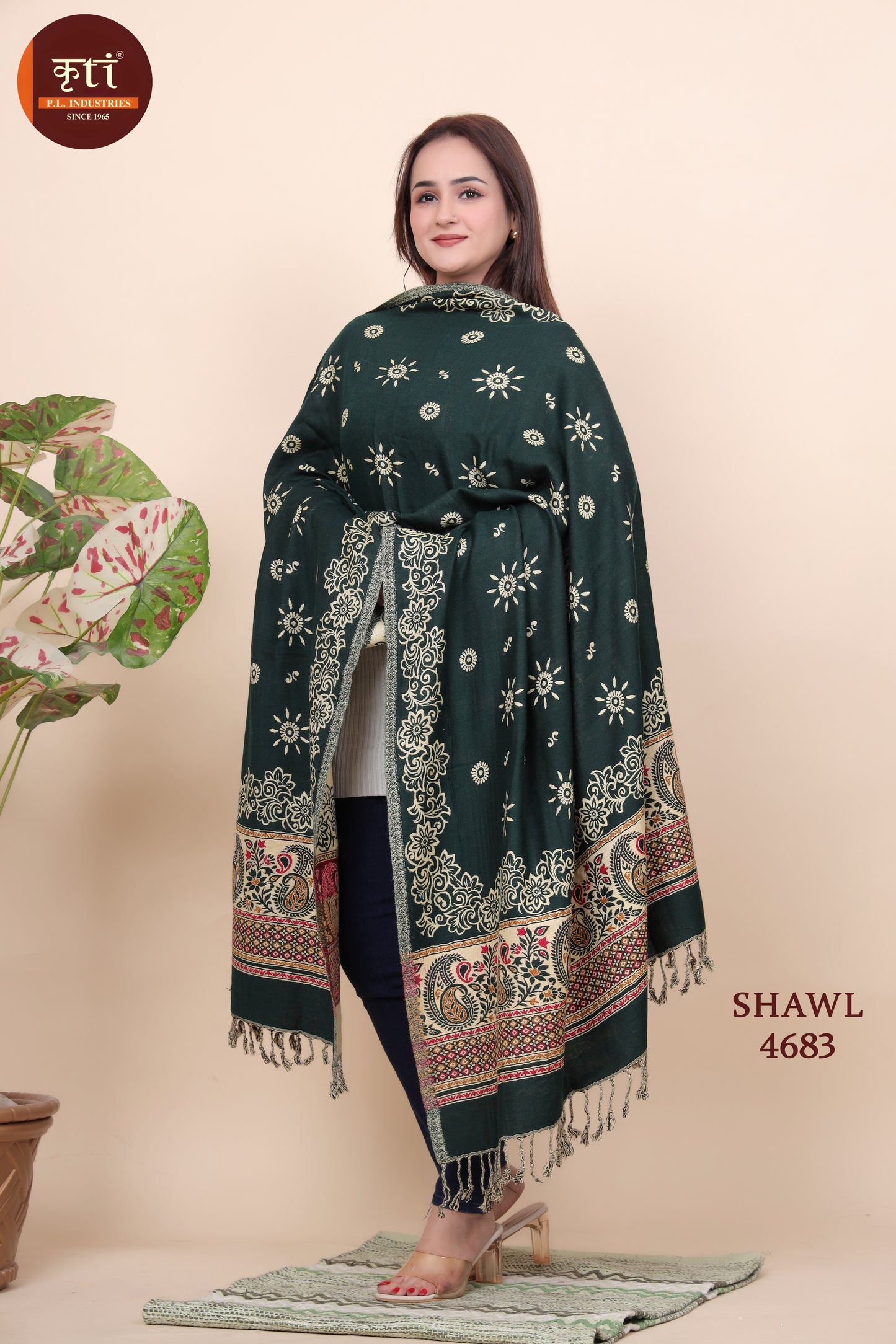 KRITI Floral Pattern Woollen Dark Green Color Shawl For Women
