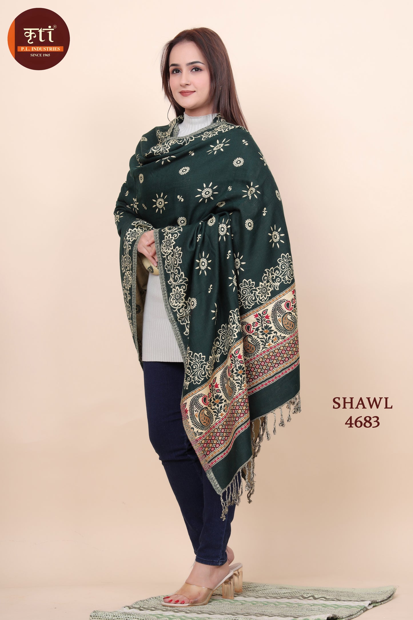 KRITI Floral Pattern Woollen Dark Green Color Shawl For Women