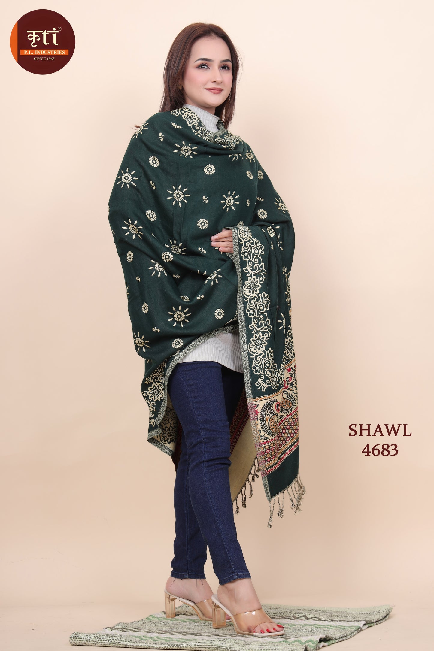 KRITI Floral Pattern Woollen Dark Green Color Shawl For Women