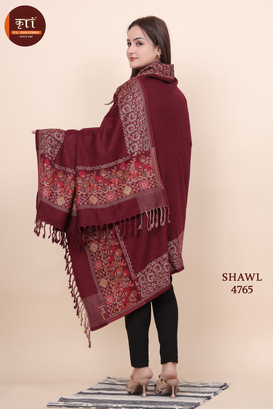 KRITI Floral Border Woollen Maroon Color Shawl For Women