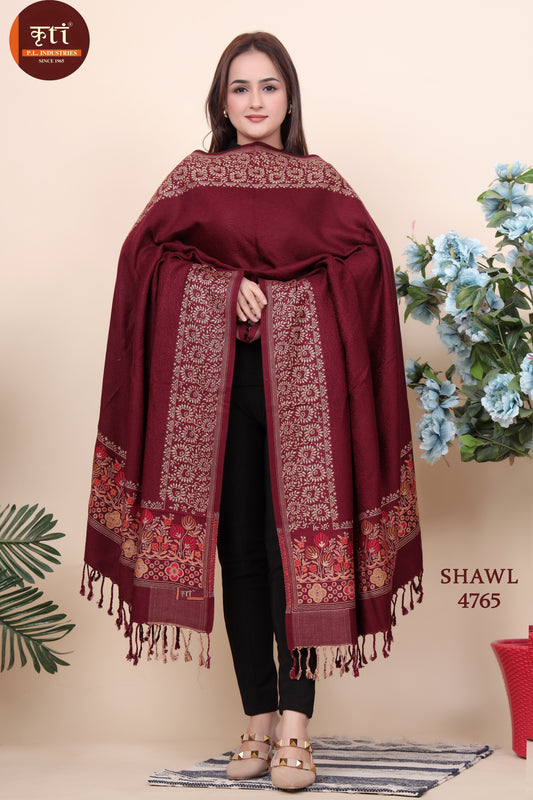 KRITI Floral Border Woollen Maroon Color Shawl For Women