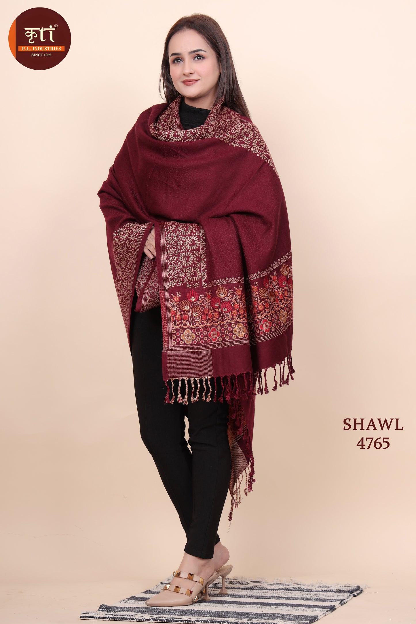 KRITI Floral Border Woollen Maroon Color Shawl For Women