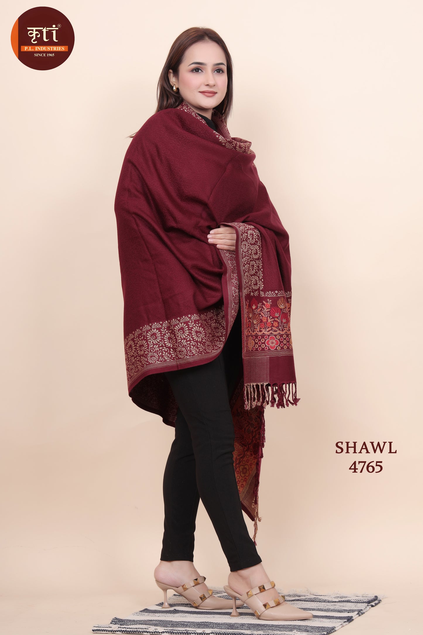 KRITI Floral Border Woollen Maroon Color Shawl For Women