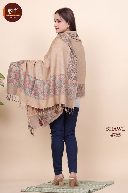 Kriti Floral Border Woollen Lightweight Beige Color Shawl  For Women