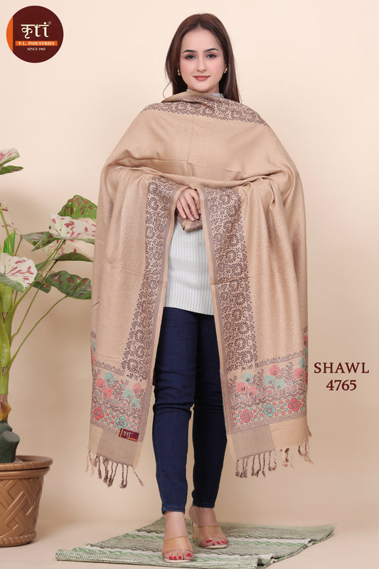 Kriti Floral Border Woollen Lightweight Beige Color Shawl  For Women