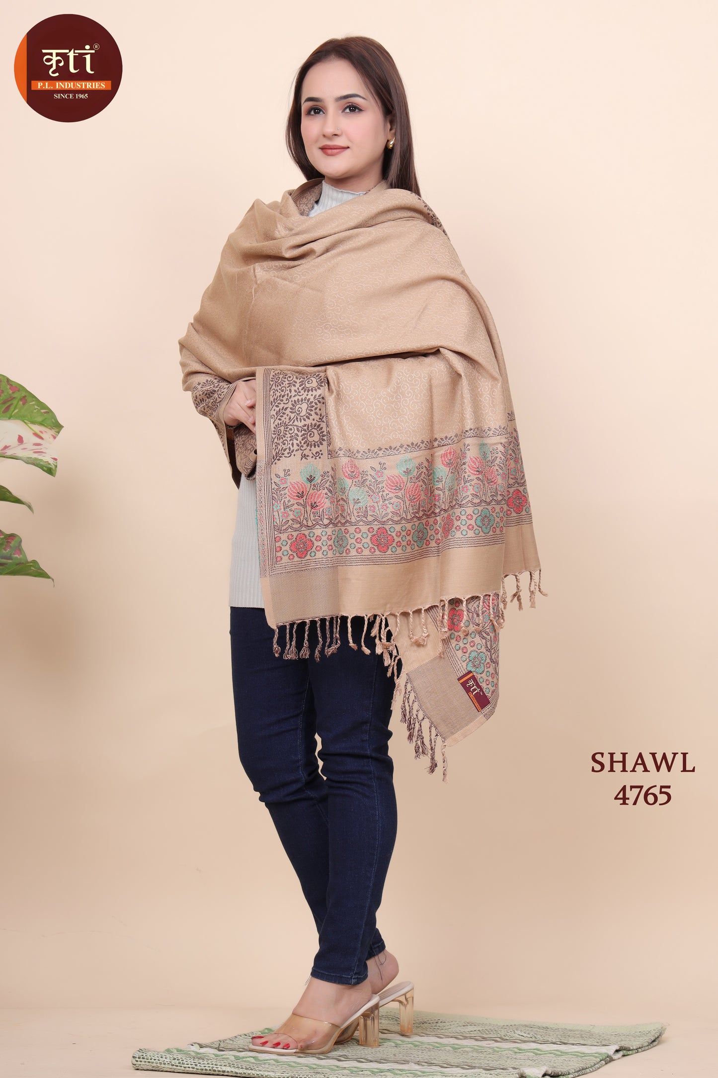 Kriti Floral Border Woollen Lightweight Beige Color Shawl  For Women