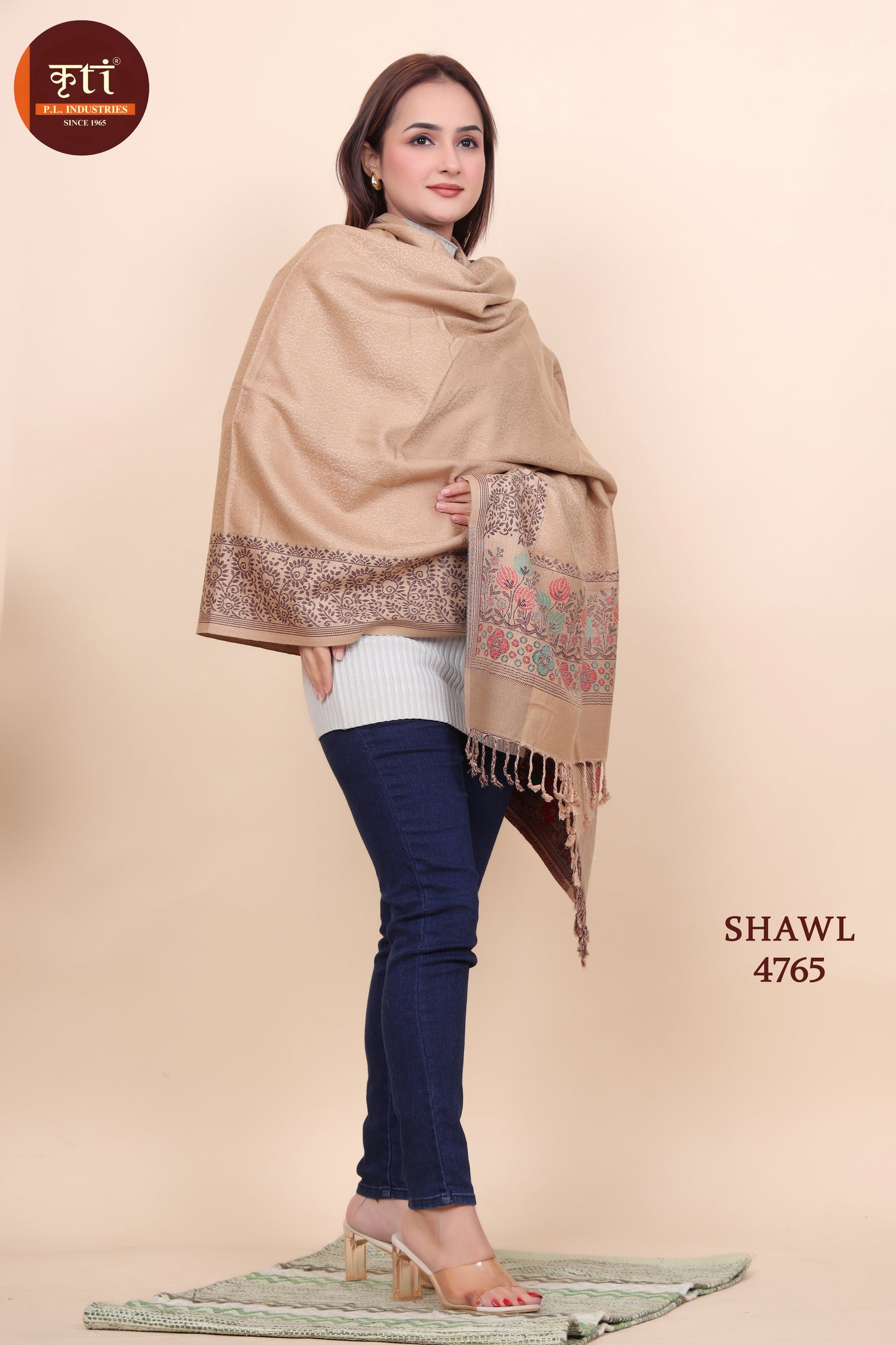 Kriti Floral Border Woollen Lightweight Beige Color Shawl  For Women