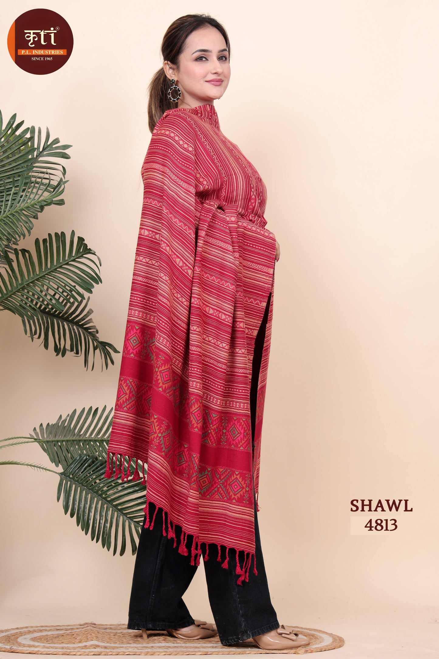 KRITI Striped Pattern Woollen Red Color Shawl For Women