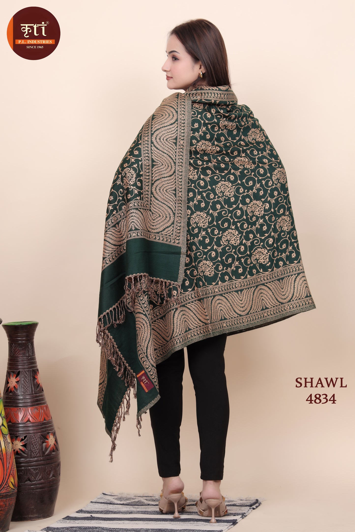 KRITI Floral Design Woollen Dark Green Color Shawl For Women