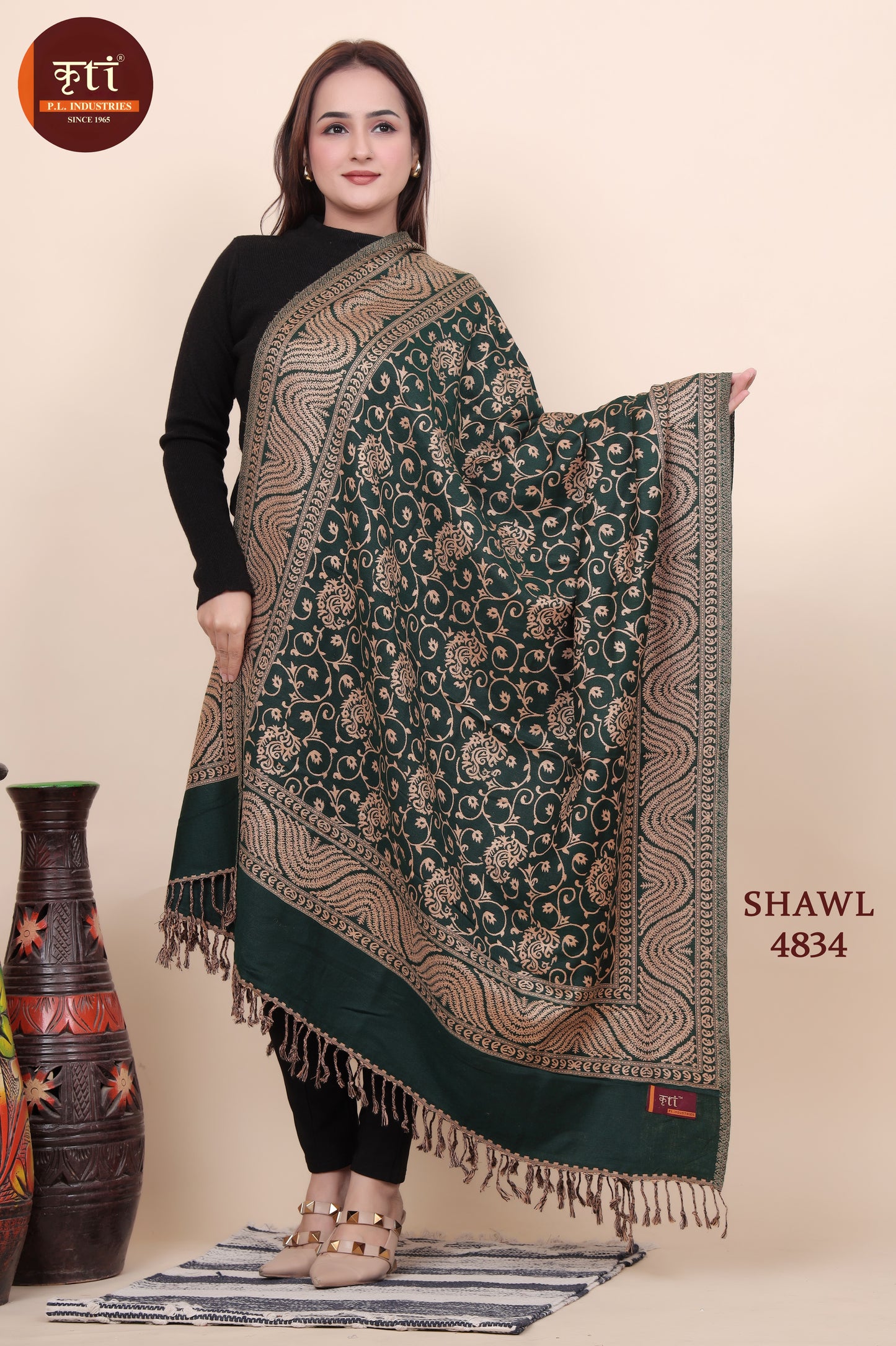 KRITI Floral Design Woollen Dark Green Color Shawl For Women