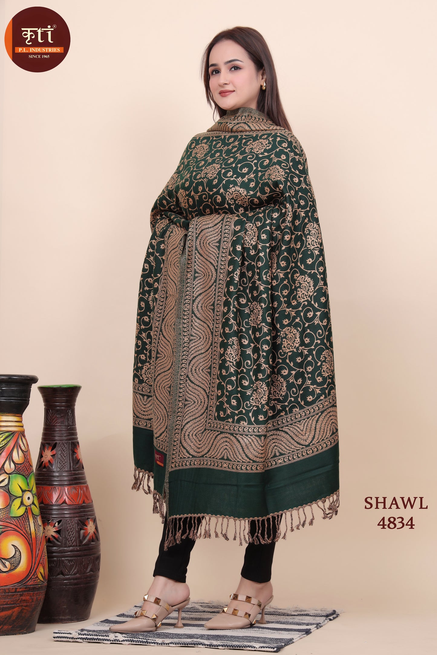 KRITI Floral Design Woollen Dark Green Color Shawl For Women