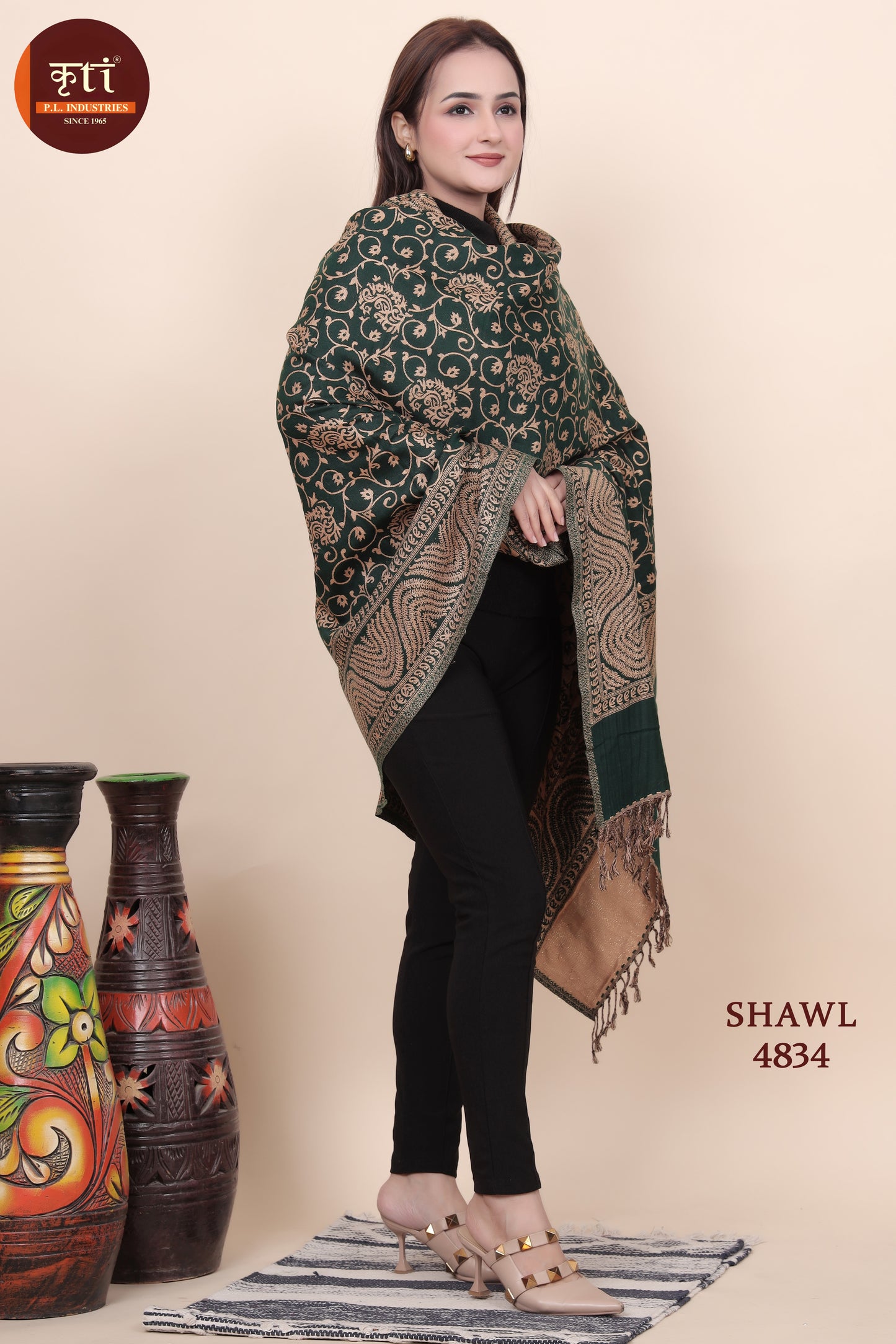KRITI Floral Design Woollen Dark Green Color Shawl For Women