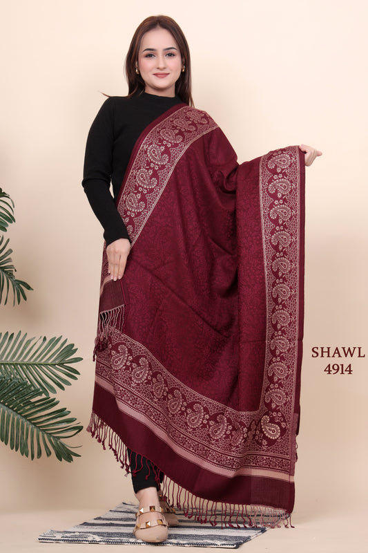 KRITI Floral Border Woollen Maroon Color Shawl For Women