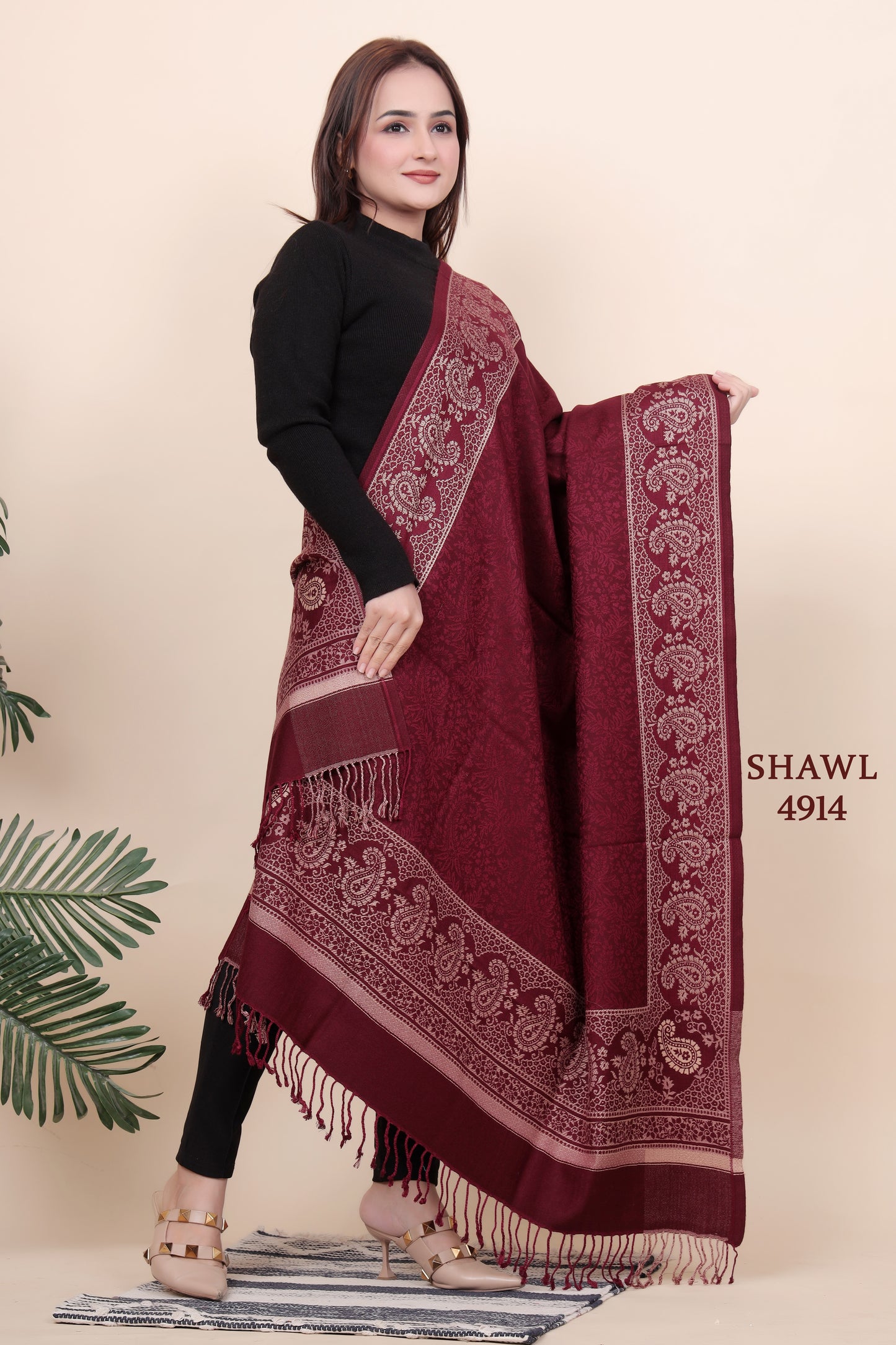 KRITI Floral Border Woollen Maroon Color Shawl For Women
