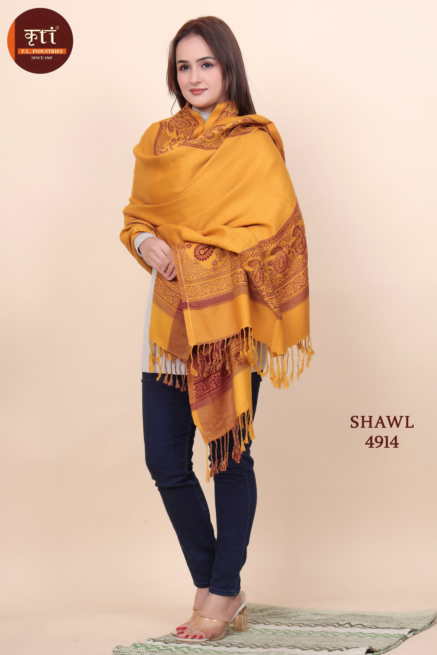 KRITI Paisley Border Design Woollen Mustard Color Shawl For Women
