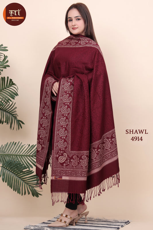 KRITI Floral Border Woollen Maroon Color Shawl For Women