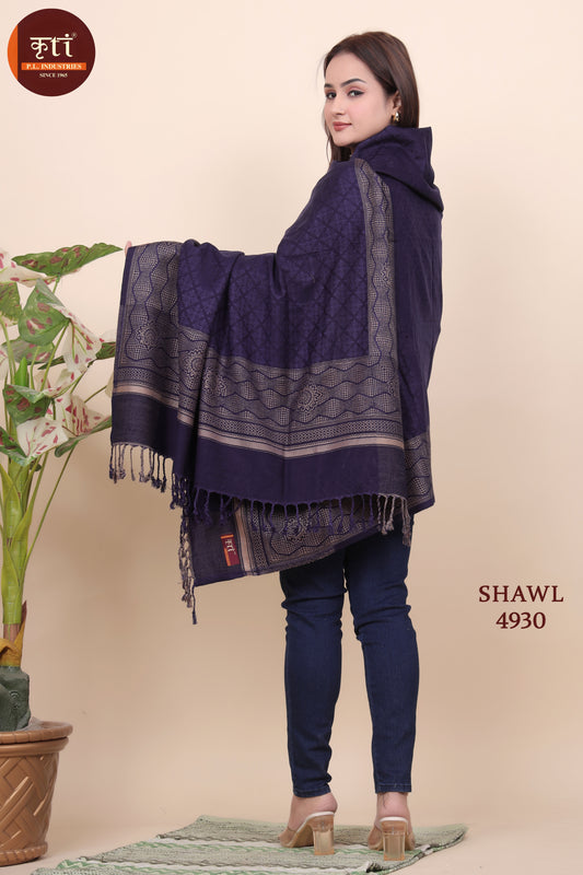 KRITI Floral Border Woollen  Navy Color Shawl For Women