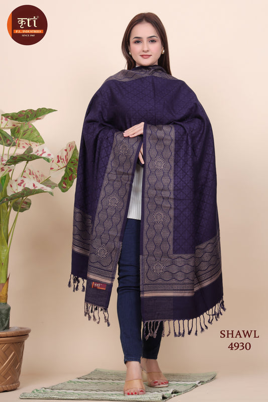 KRITI Floral Border Woollen  Navy Color Shawl For Women