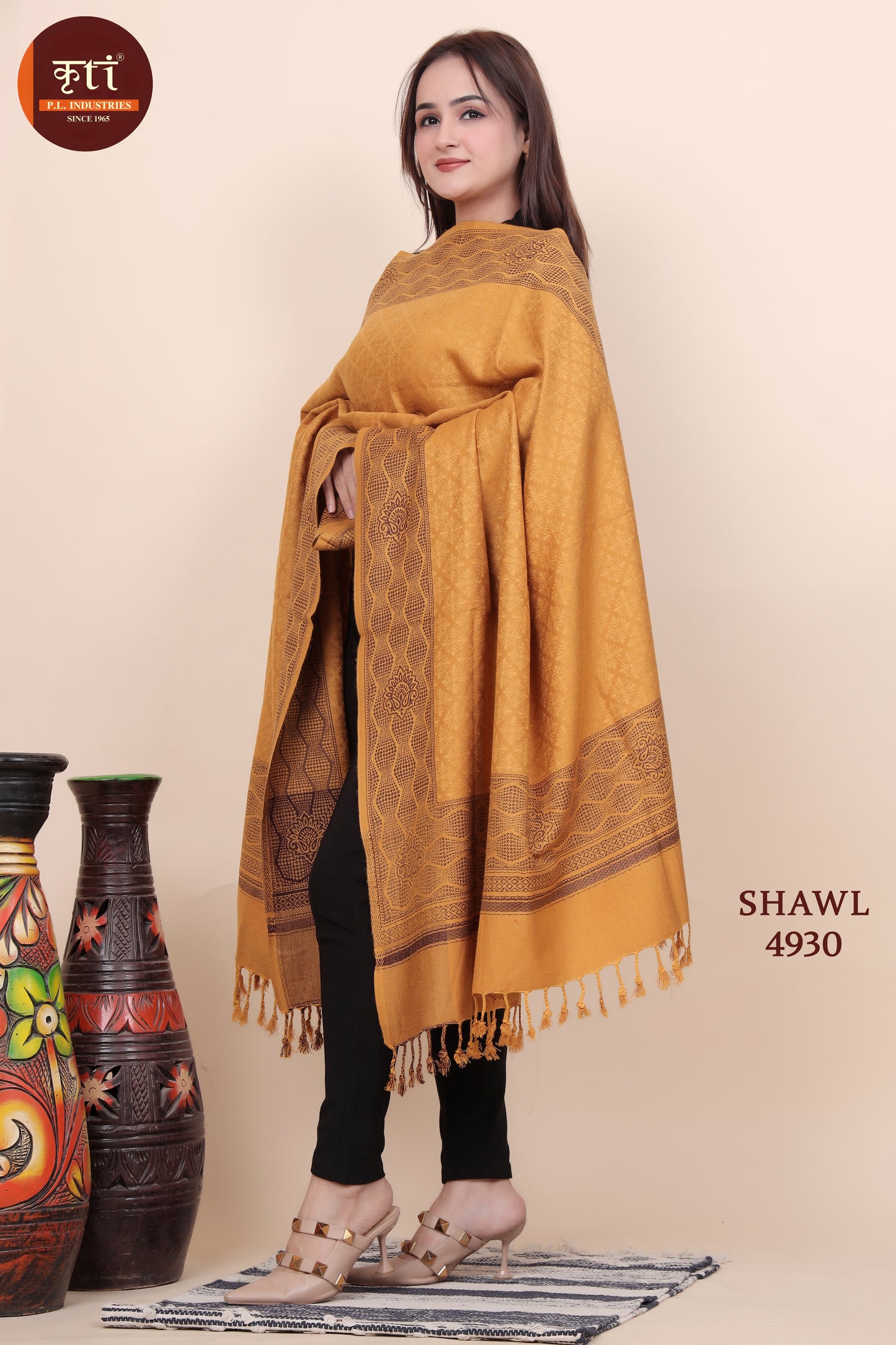 KRITI Floral Border Woollen Mustard Color Shawl For Women
