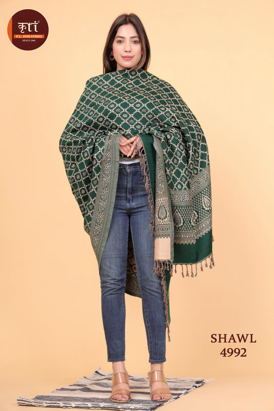 KRITI Geometric Pattern Wool Green Color Shawl  For Women