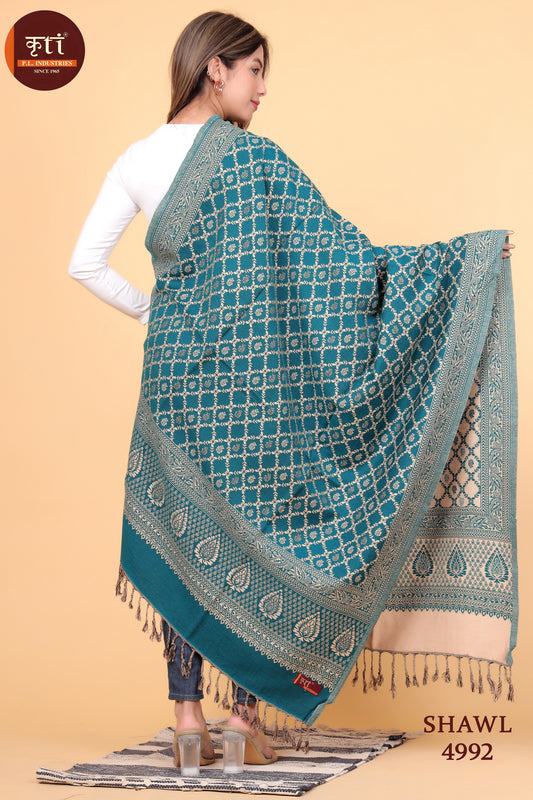 KRITI Geometric Pattern Woollen Teal Color Shawl For Women
