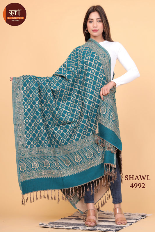 KRITI Geometric Pattern Woollen Teal Color Shawl For Women