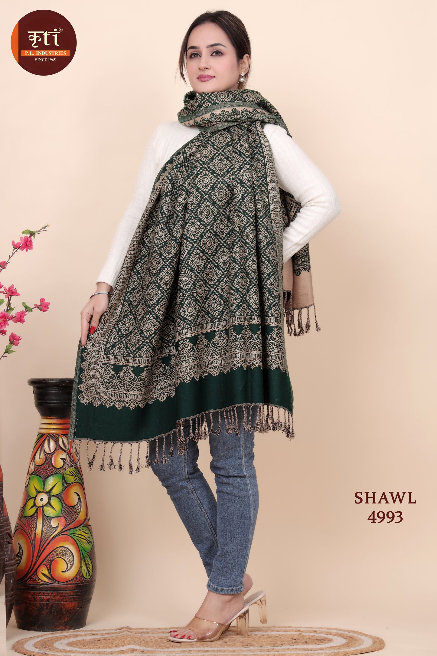 KRITI Kriti All Over Pattern Woollen Green Color Shawl  for Women