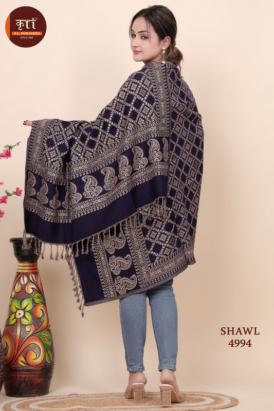 KRITI Geometric Pattern Woollen Navy Blue Color Shawl for Women