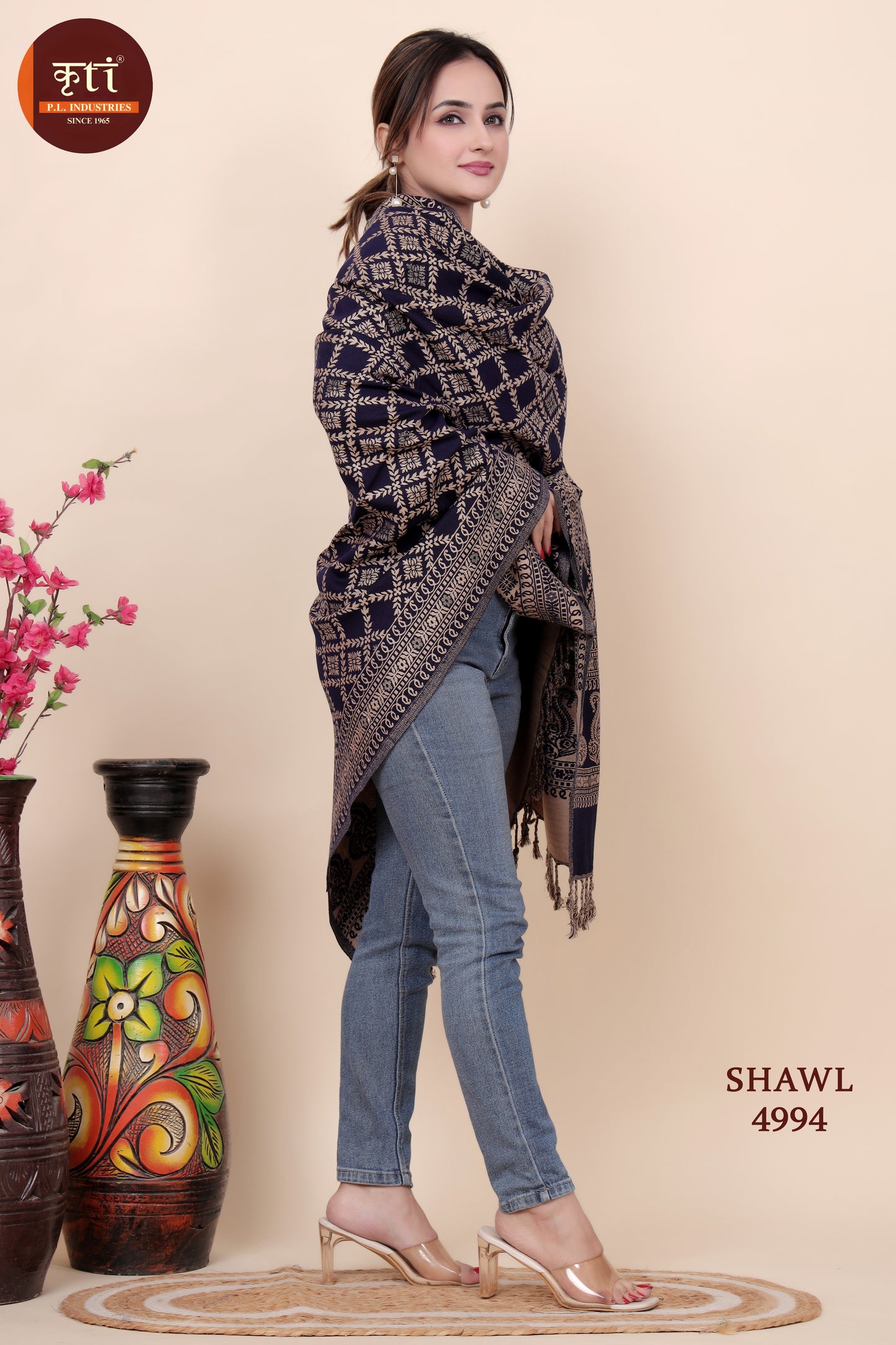 KRITI Geometric Pattern Woollen Navy Blue Color Shawl for Women