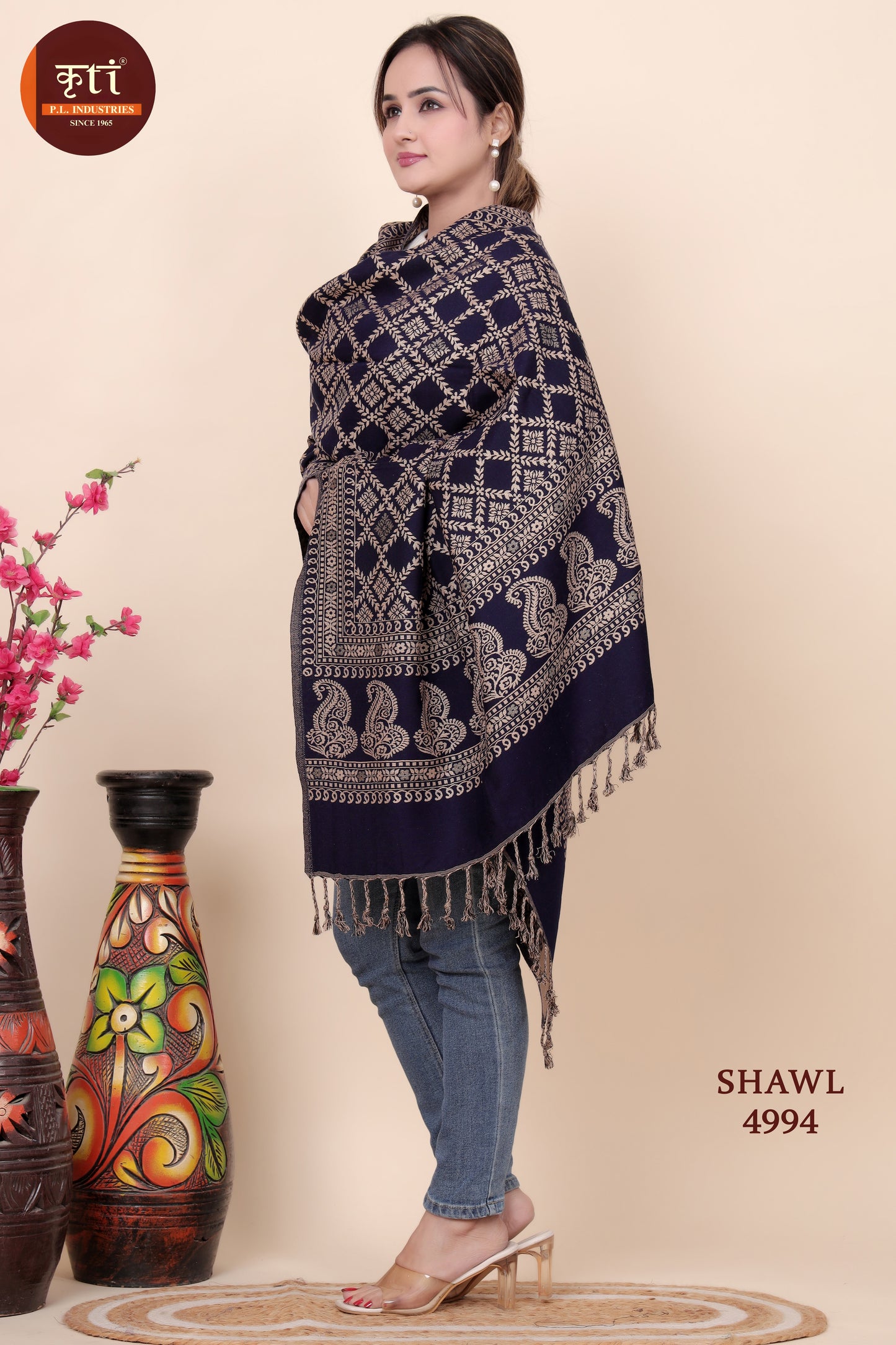 KRITI Geometric Pattern Woollen Navy Blue Color Shawl for Women