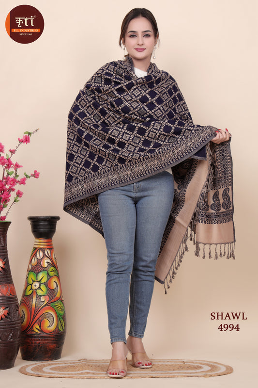 KRITI Geometric Pattern Woollen Navy Blue Color Shawl for Women