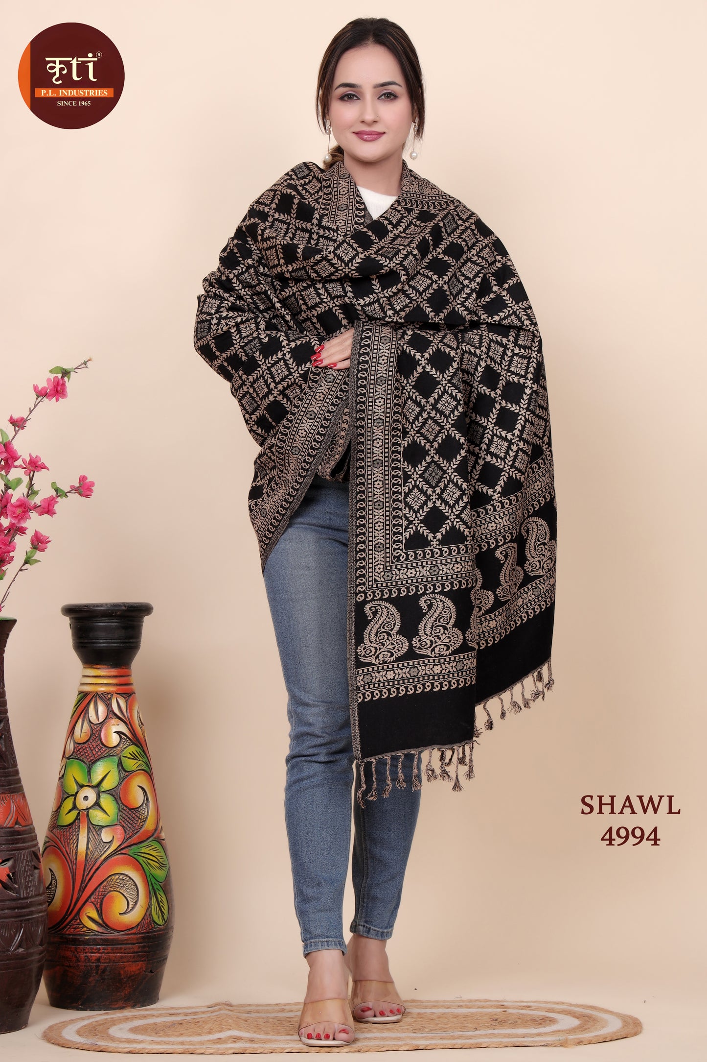 KRITI Classic Pattern Woollen Black Color Shawl Women