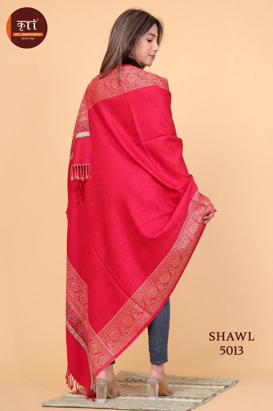 KRITI Kullu Patti Border Woollen Red Color Shawl For Women