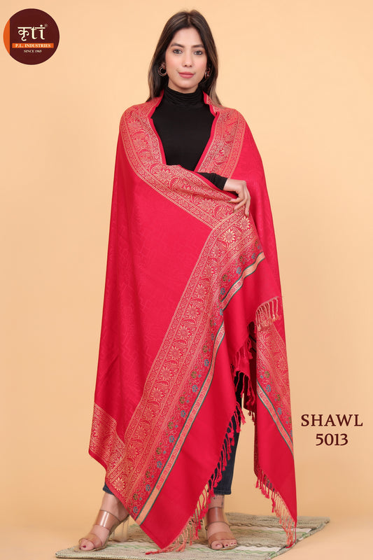 KRITI Kullu Patti Border Woollen Red Color Shawl For Women