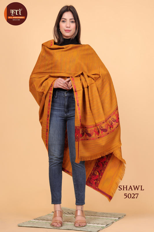 KRITI Kullu Patti Border Woollen Mustard Color Shawl For Women
