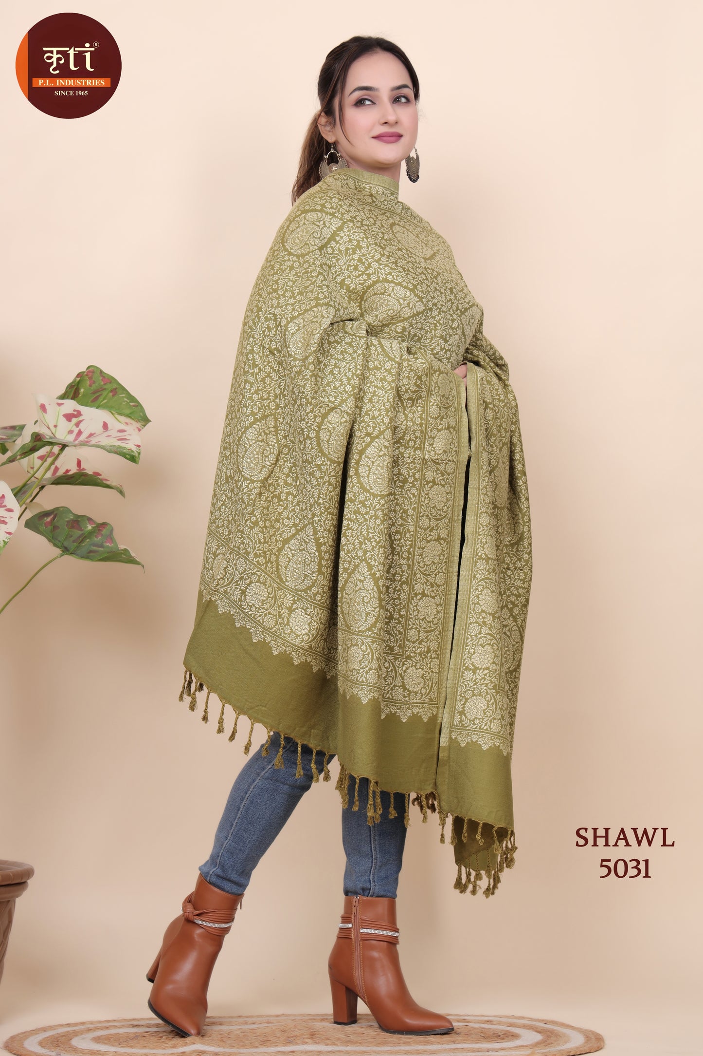 KRITI Floral Pattern Woollen Olive Green Color Shawl for Women
