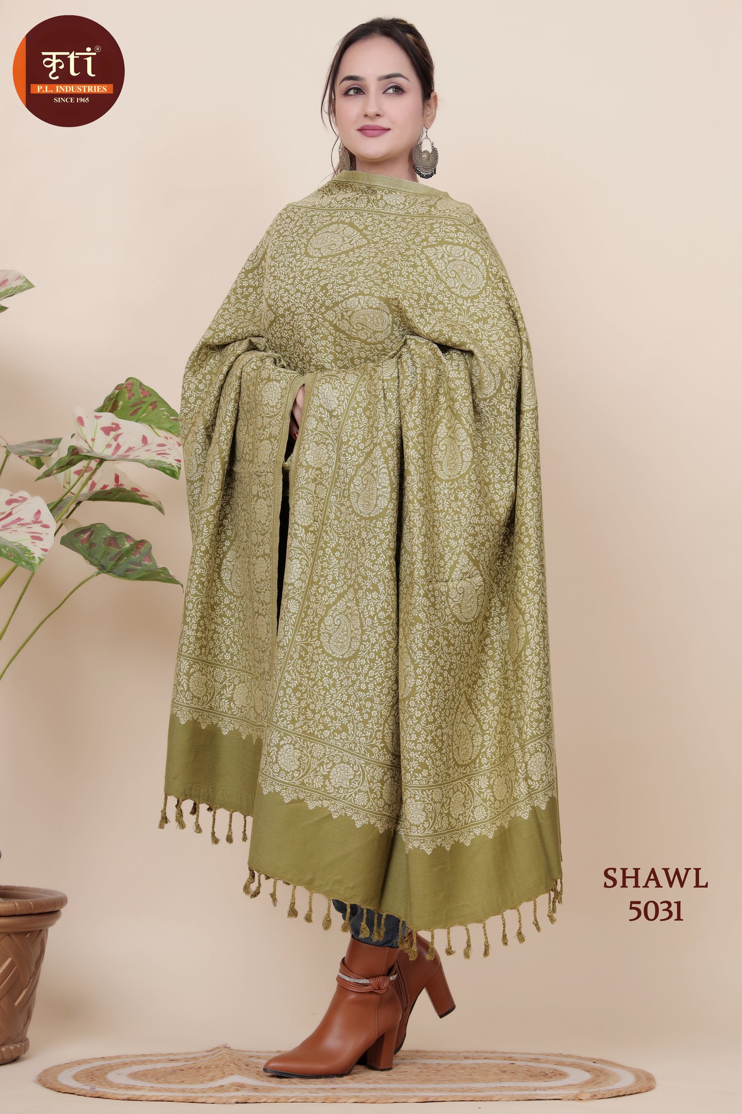 KRITI Floral Pattern Woollen Olive Green Color Shawl for Women