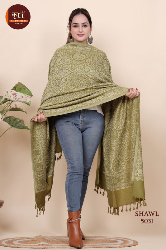 KRITI Floral Pattern Woollen Olive Green Color Shawl for Women