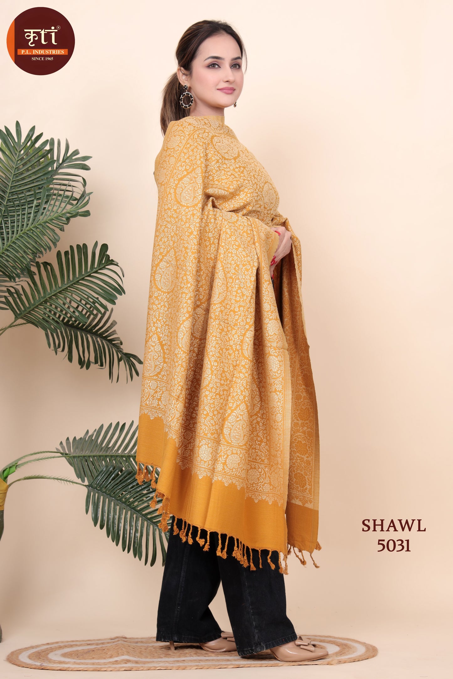 KRITI All Over Pattern Woollen Mustard Color Shawl  for Women