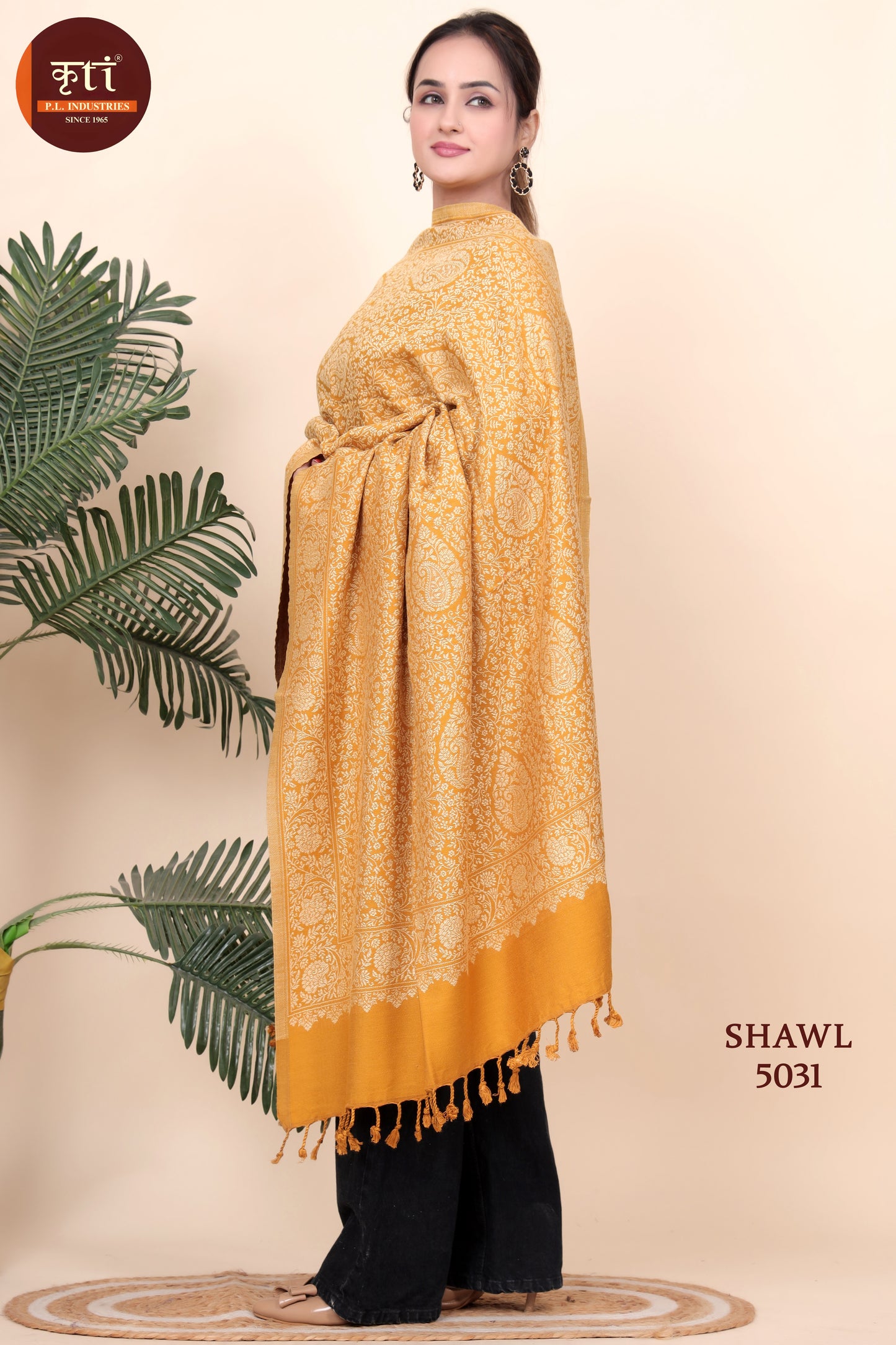 KRITI All Over Pattern Woollen Mustard Color Shawl  for Women